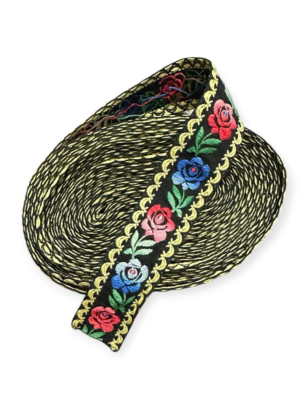 Embroidered Vintage Floral Ribbon Trim Black with Multicolor Roses